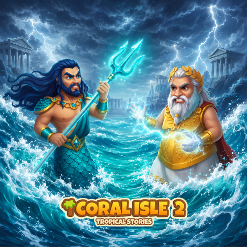 Puzzle de mar tormentoso con dos figuras ilustradas con tridentes, olas, rayos, ruinas de templos y logo Coral Isle 2