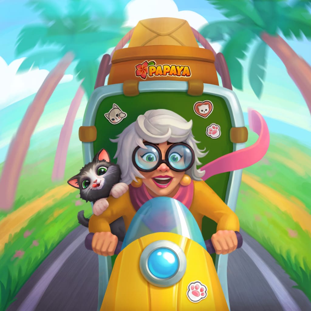 Personnage de fille cartoon conduisant un véhicule dans un environnement de jeu de jungle