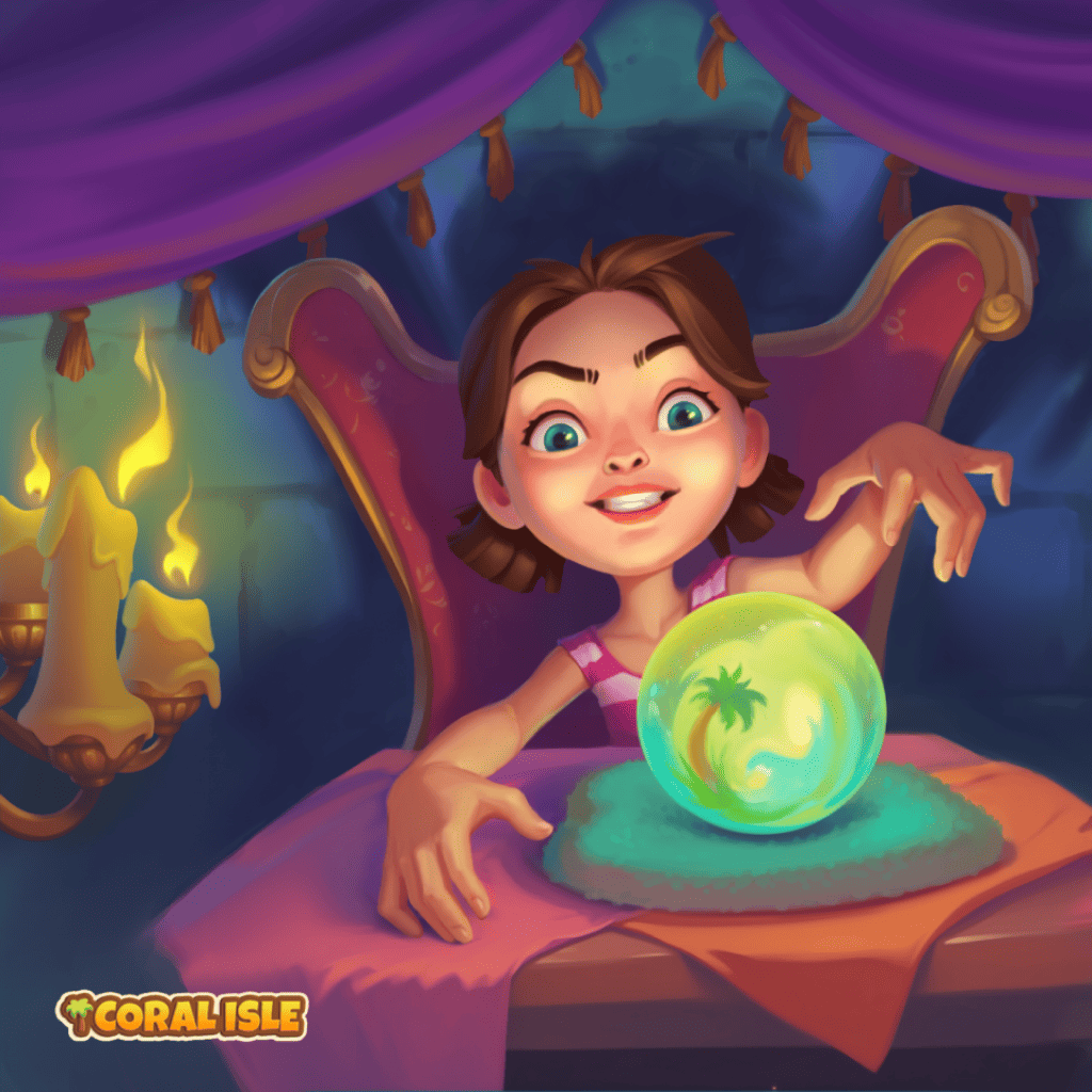 Puzzle Trick or Treat przedstawiające dziecko w fioletowym fotelu pochyla się nad zieloną kulą z wyspą i palmą, z baldachimem, frędzlami, świecami, granatowym pokojem, pomarańczową tkaniną i logo Coral Isle.