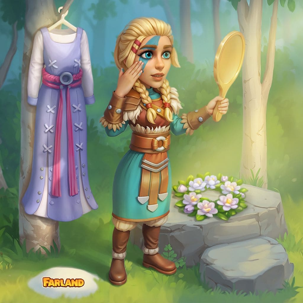 Wiosenny puzzle leśny z postacią trzymającą lustro przy kamiennym postumencie z kwiatami