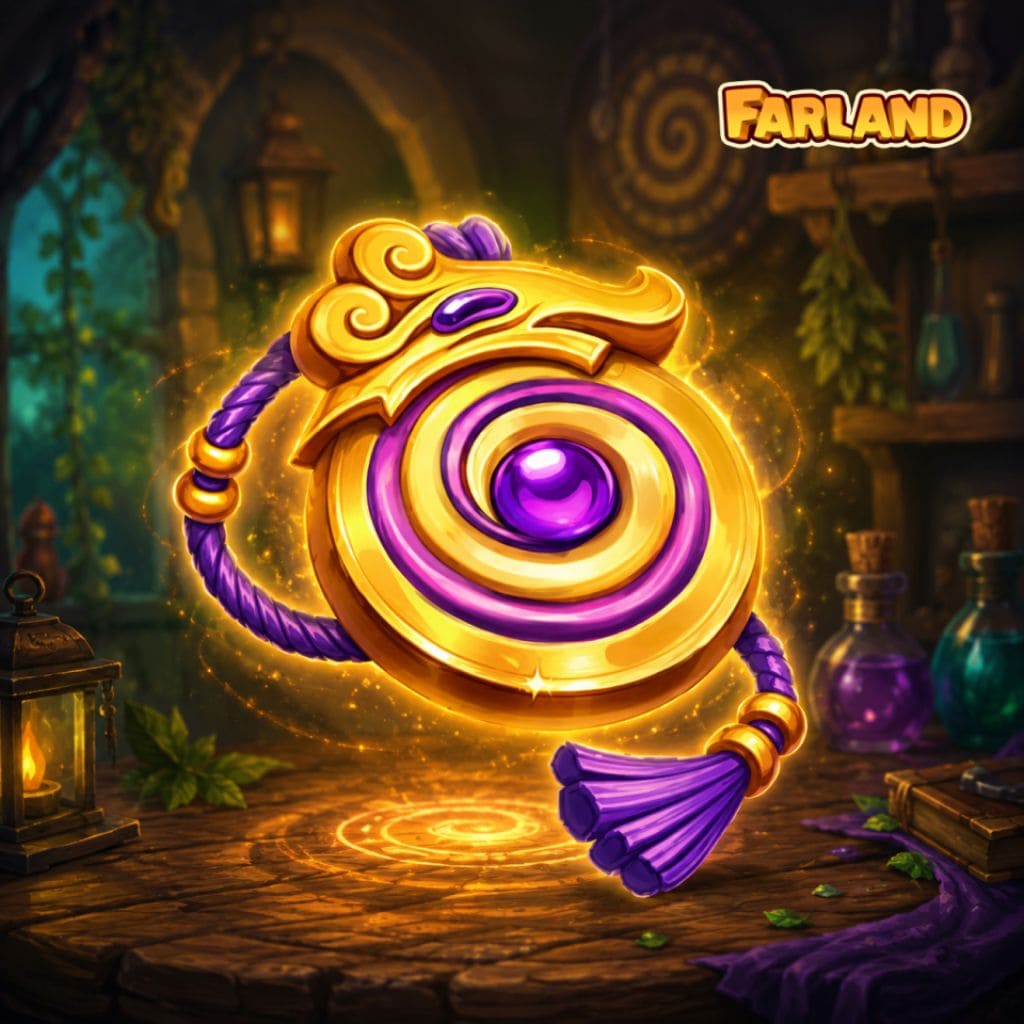 Puzzle z runicznym spiralnym amuletem i fioletowym klejnotem w magicznej pracowni