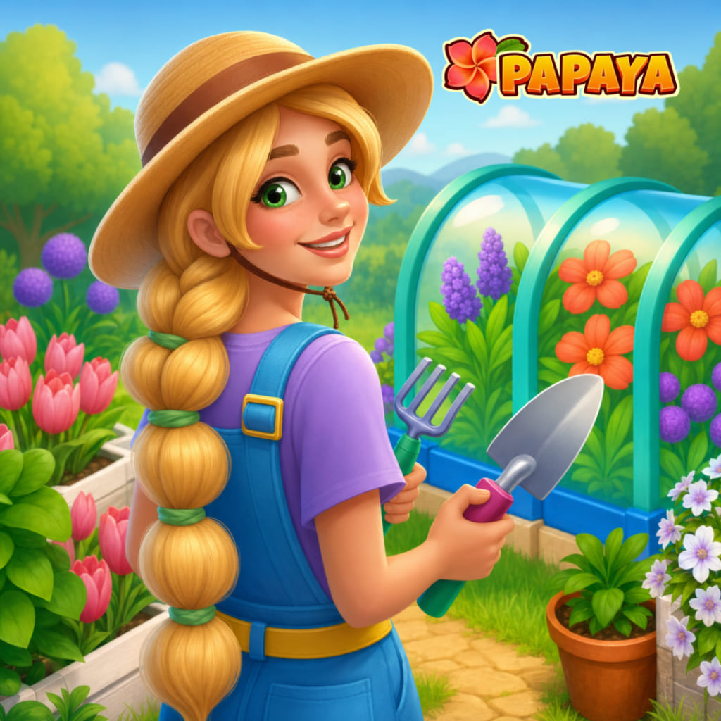 Puzzle da giardino con una giardiniera che tiene paletta e rastrello tra aiuole fiorite e serre