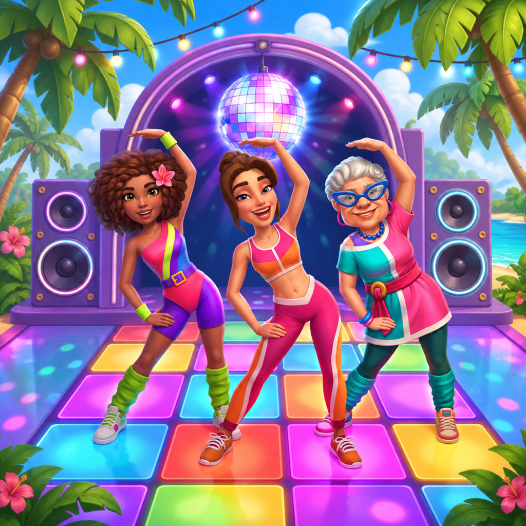 Puzzle Good Morning con tre persone adulte in danza sincronizzata su un pavimento luminoso multicolore, con abiti sportivi, scaldamuscoli, casse, sfera disco, luci, palme, fiori, cielo e oceano.