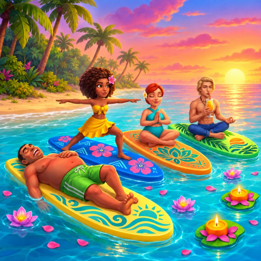 Puzzle Summer Relaxation przedstawiające szczegółową letnią scenę: cztery osoby na ozdobnych deskach w tropikalnej wodzie o zachodzie słońca, z pozycjami jogi, lotosami, pływającymi świecami, palmami i odbiciami.