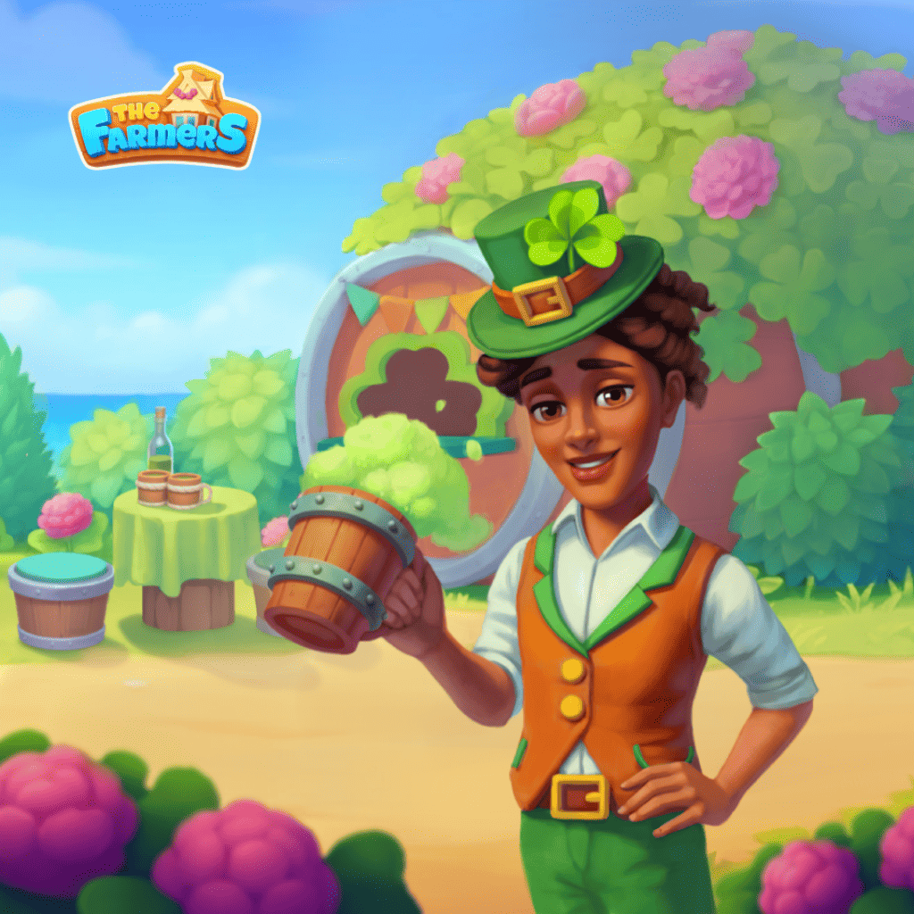 Puzzle de pub con figura con jarra junto a mesa decorada con plantas y barriles, colección Encuentros en el pub