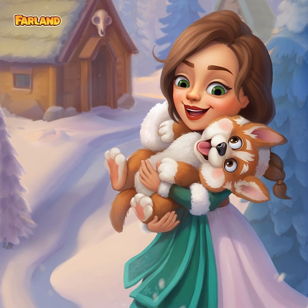 Lächelnde Farland-Heldin, die ihren flauschigen Roten-Panda-Gefährten in einem verschneiten Winterdorf im Arm hält, umgeben von sanftem Schnee und einer gemütlichen Fantasy-Atmosphäre aus der Farland-Spielwelt