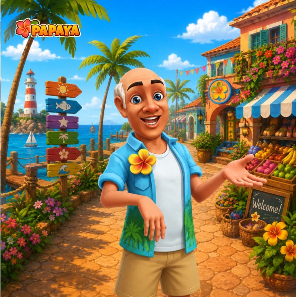 Puzzle de mercado costeiro com figura perto de barracas de frutas, casas coloridas e farol