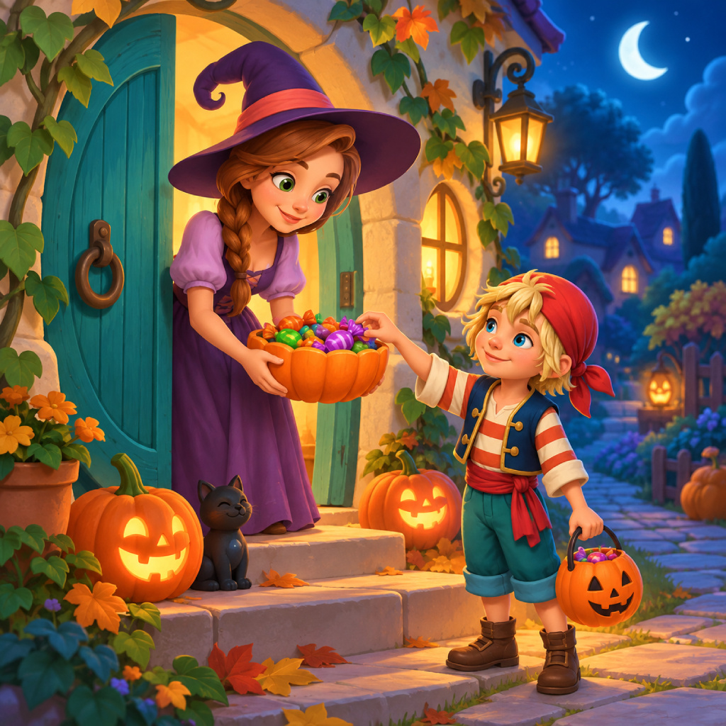 Puzzle Trick or Treat przedstawiające osoba dorosła w stroju wiedźmy podaje dyniową miskę cukierków dziecku w kostiumie pirata, z wiaderkiem, czarnym kotem, świecącymi dyniami, turkusowymi drzwiami, bluszczem, kwiatami, liśćmi, latarnią, księżycem, domami i kamienną ścieżką.