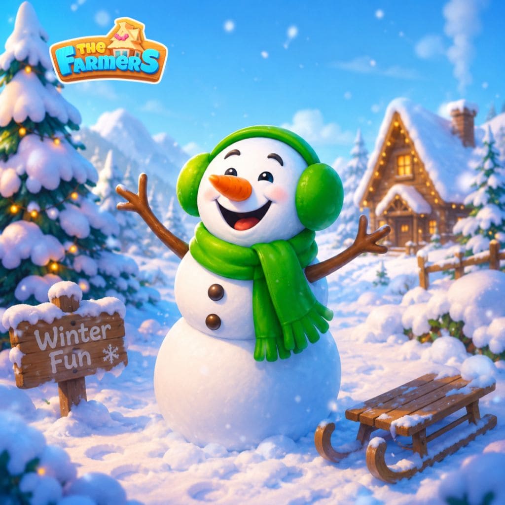 Winterdorf‑Puzzle mit Schneemann mit Ohrenschützern neben Schlitten, Bäumen und beleuchtetem Haus