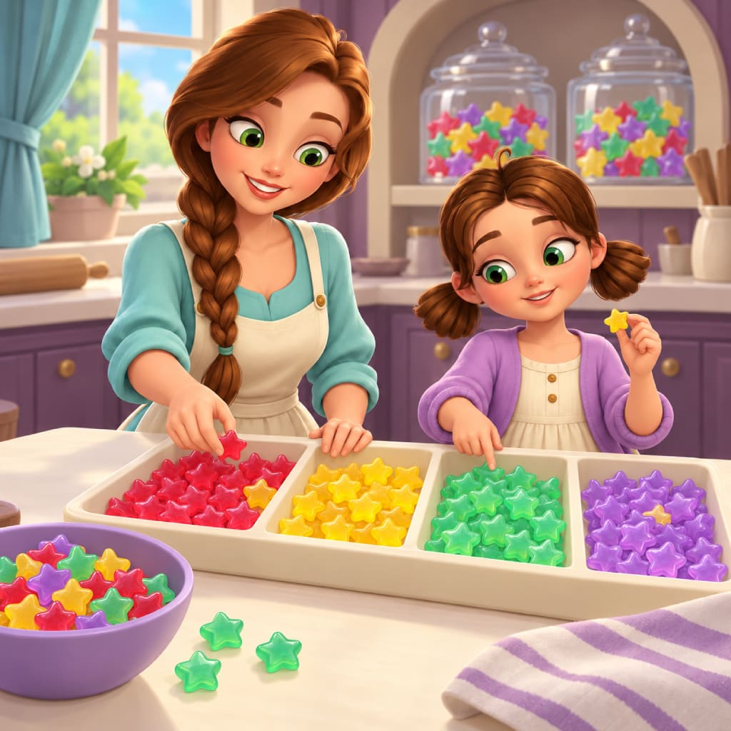 Puzle Sweet Shop con un adulto y un niño clasifican dulces translúcidos de estrella en secciones rojas, amarillas, verdes y moradas, con cuenco adicional, tarros, rodillo, toalla a rayas, muebles pastel y ventana soleada.