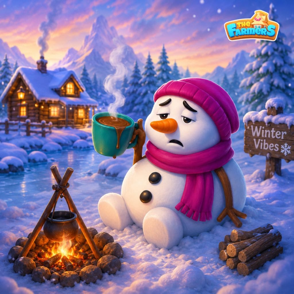 Lagerfeuer‑Puzzle mit Schneemann mit Tasse neben Feuer, Hütten und Bergen