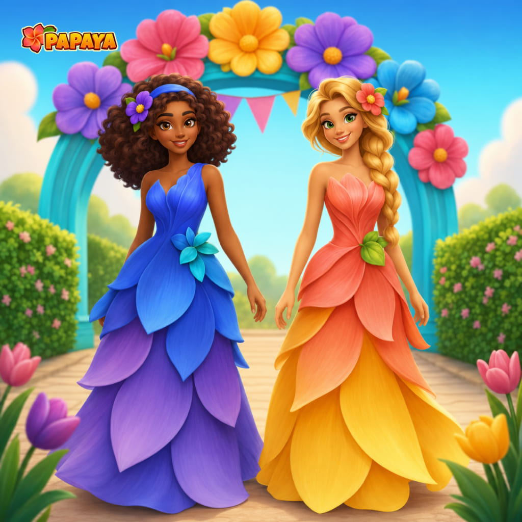 Puzzle di festival con due personaggi in abiti di petali sotto un arco decorato con fiori