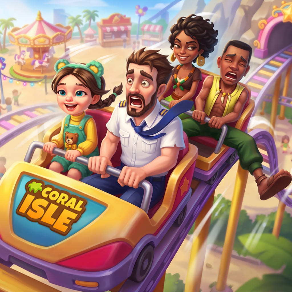 Puzle Molly's Diary con cuatro personajes de estilo animado en una montaña rusa dentro de un parque de atracciones, con el logotipo Coral Isle visible en la parte frontal del vagón.