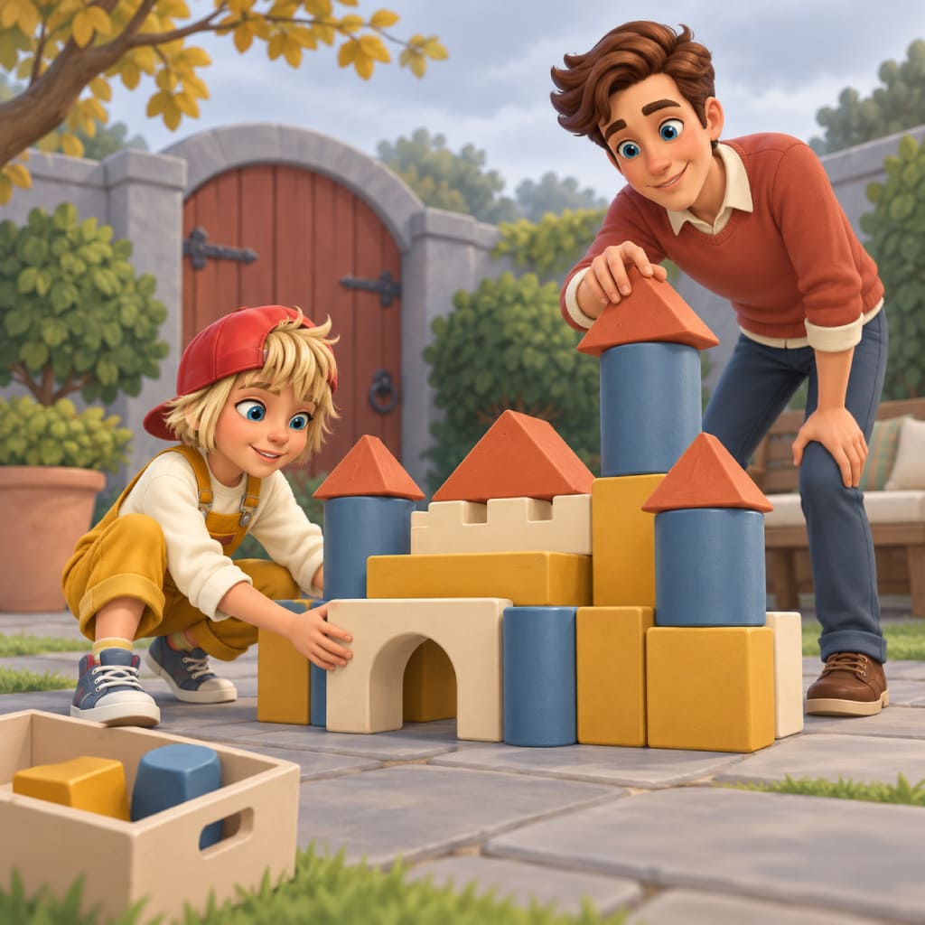 Toy Tales Puzzle mit eine erwachsene Person und ein Kind bauen eine Burg aus blauen Zylindern, senfgelben Klötzen, cremefarbenen Bögen und Terrakottadächern, mit Holztor, Steinmauer, Bäumen, Pflaster und Kiste voller Teile.