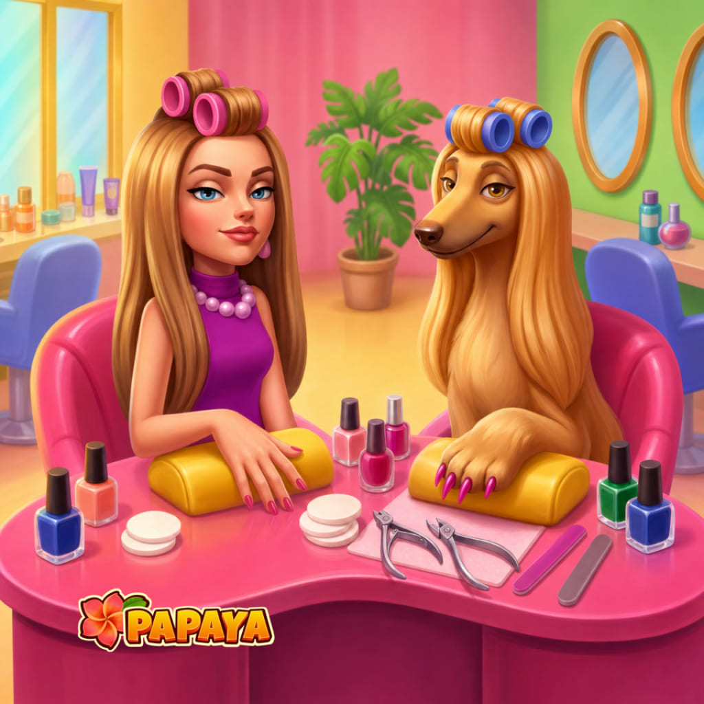 Puzzle z salonem dla psów z długowłosym psem i osobą przy różowym stole z lakierami, narzędziami, krzesłami, lustrami, rośliną i logo Papaya