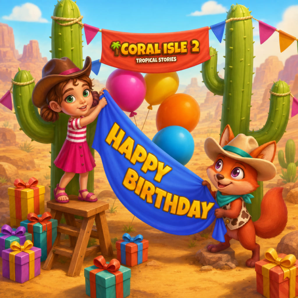 Puzzle z westernowymi urodzinami z dziecięcą postacią i lisem trzymającymi baner Happy Birthday wśród kaktusów, balonów, prezentów i znaku Coral Isle 2