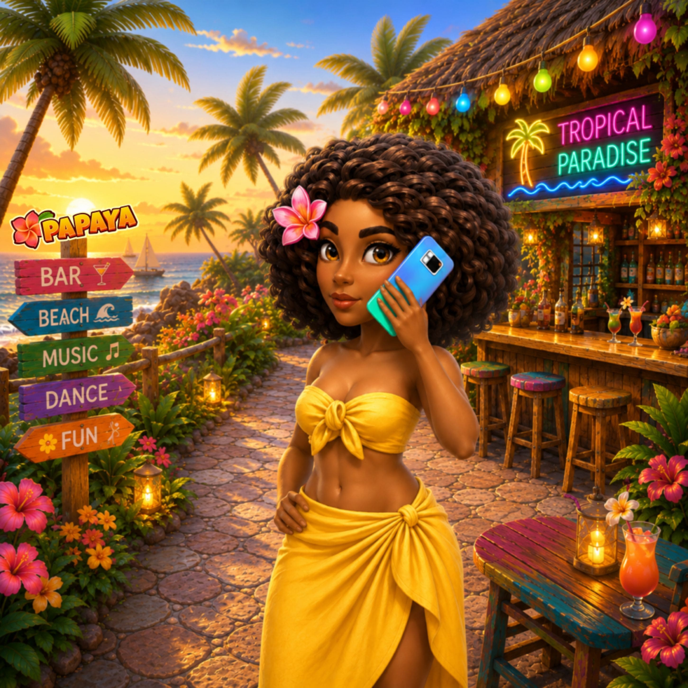 Puzzle de rua tropical com figura com telefone perto de bar com letreiro neon e palmeiras