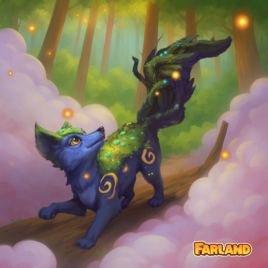 Wiosenny puzzle fantasy z świetlistą istotą leśną z wzorami na futrze wśród mgły