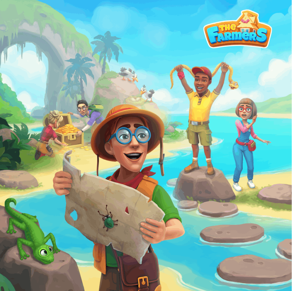 Puzzle de aventura en isla con figuras explorando la costa tropical con mapa y cofre
