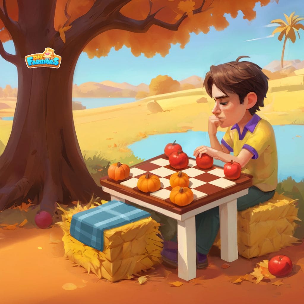 Puzzle autunnale con figura al tavolo che usa zucche e mele come pezzi di gioco