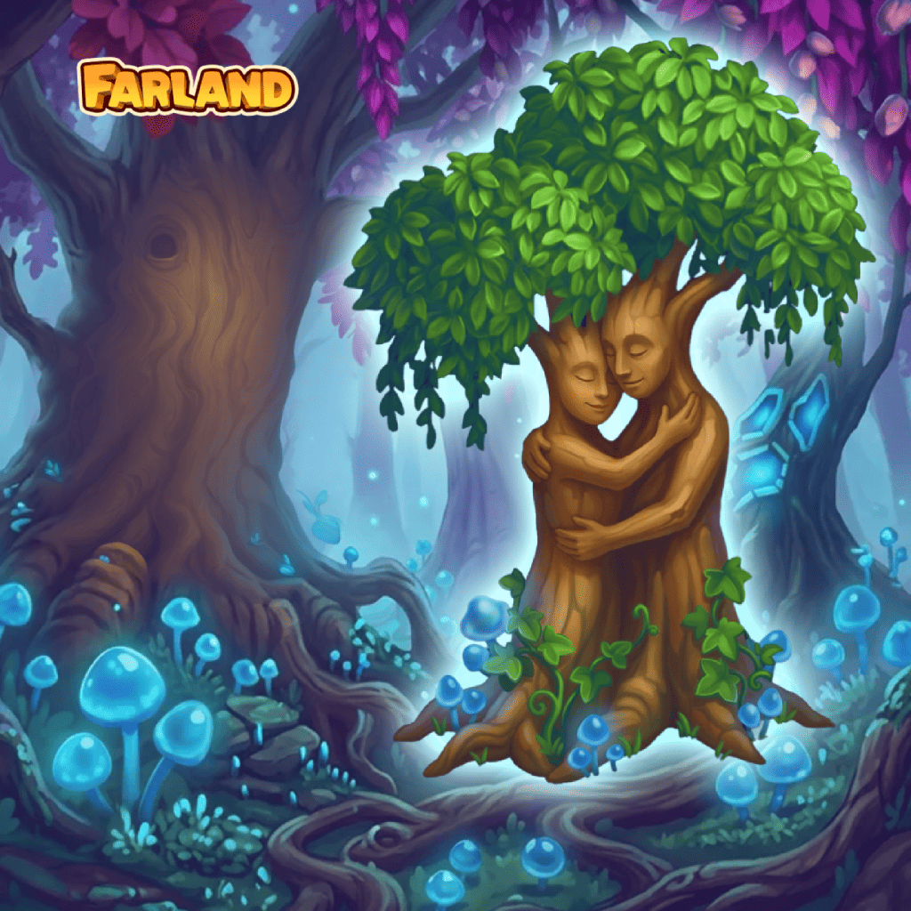 Waldgeist‑Puzzle mit zwei sich umarmenden Baumfiguren unter dichter Krone