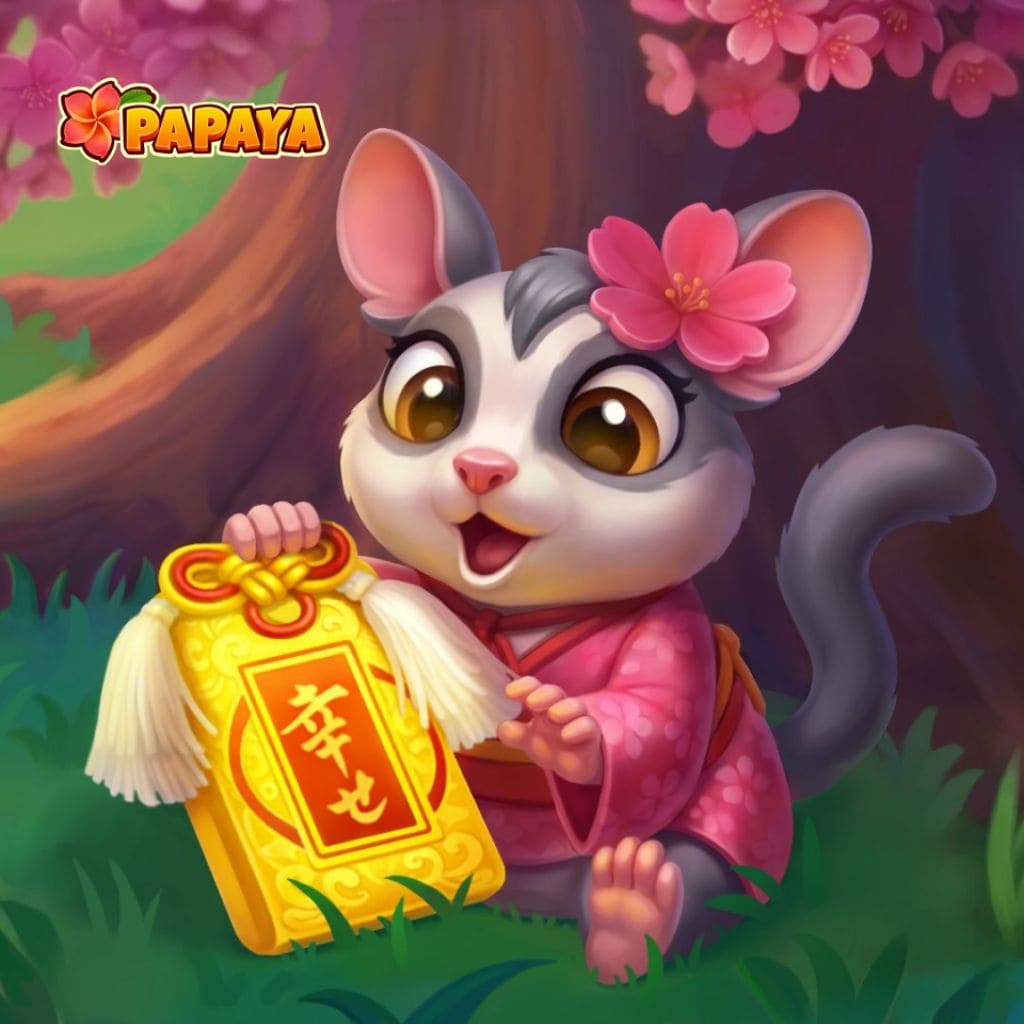 Tier‑Puzzle mit kleiner Chinchilla, die einen dekorativen Anhänger unter rosa Blüten hält
