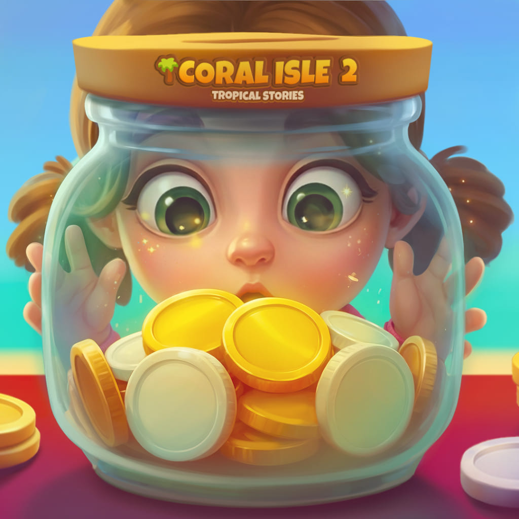 Puzle Molly's Diary con un personaje mirando a través de un frasco de vidrio lleno de monedas doradas y blancas, con el logotipo Coral Isle 2: Tropical Stories visible en la tapa amarilla.