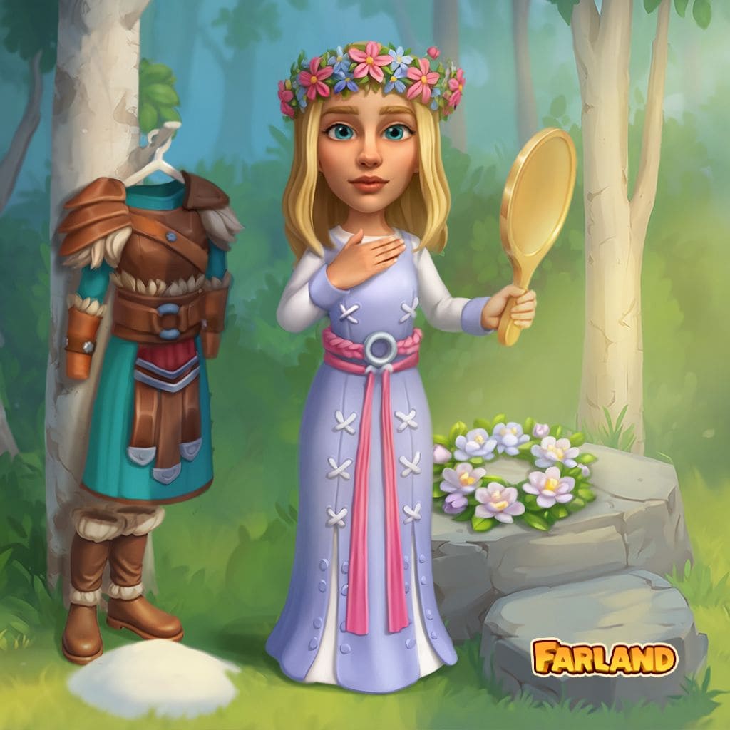 Wiosenny puzzle leśny z suknią na stojaku, kwiatami i drzewami na jasnej polanie