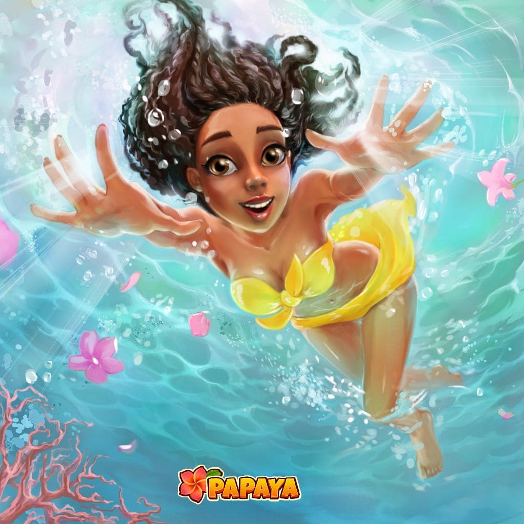 Eroina Papaya allegra che nuota sott’acqua in un abito giallo svolazzante, circondata da bolle, fiori tropicali e acqua blu cristallina in una vivace scena oceanica fantasy