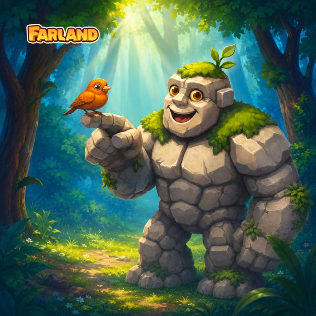Puzzle de golem forestier montrant une créature de pierre avec mousse et oiseau sur la main