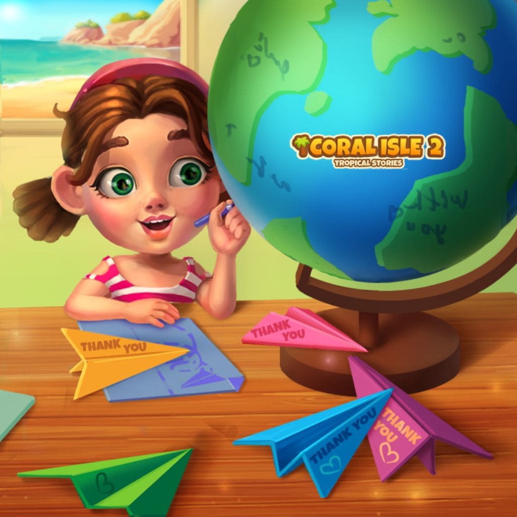 Adorable fille de dessin animé Molly planifiant un voyage et pointant un globe carte du monde