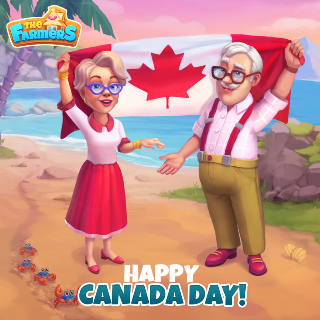 Puzzle del Canada Day con due figure che tengono una bandiera canadese sulla spiaggia