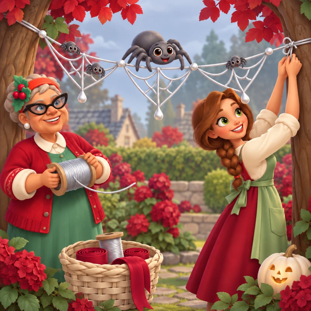 Halloween Tales Puzzle mit eine ältere Person hält Silberkordel, während eine andere ein Netz zwischen zwei Bäumen befestigt, mit großen und kleinen Spinnen, Perlentropfen, roten Hortensien, Korb, roten Stoffrollen, weißem Kürbis, Steinmauer, Herbstlaub und Häusern.
