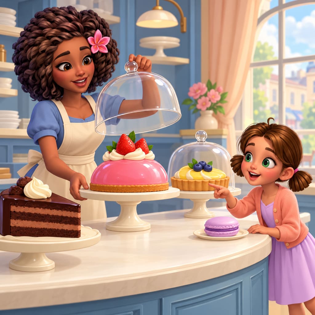 Puzle Sweet Shop con una persona levanta una campana de vidrio de una tarta rosa de fresa mientras un niño señala una tarta de limón y arándanos, con pastel de chocolate, macaron lavanda, soportes, flores, estantes y ventana soleada.