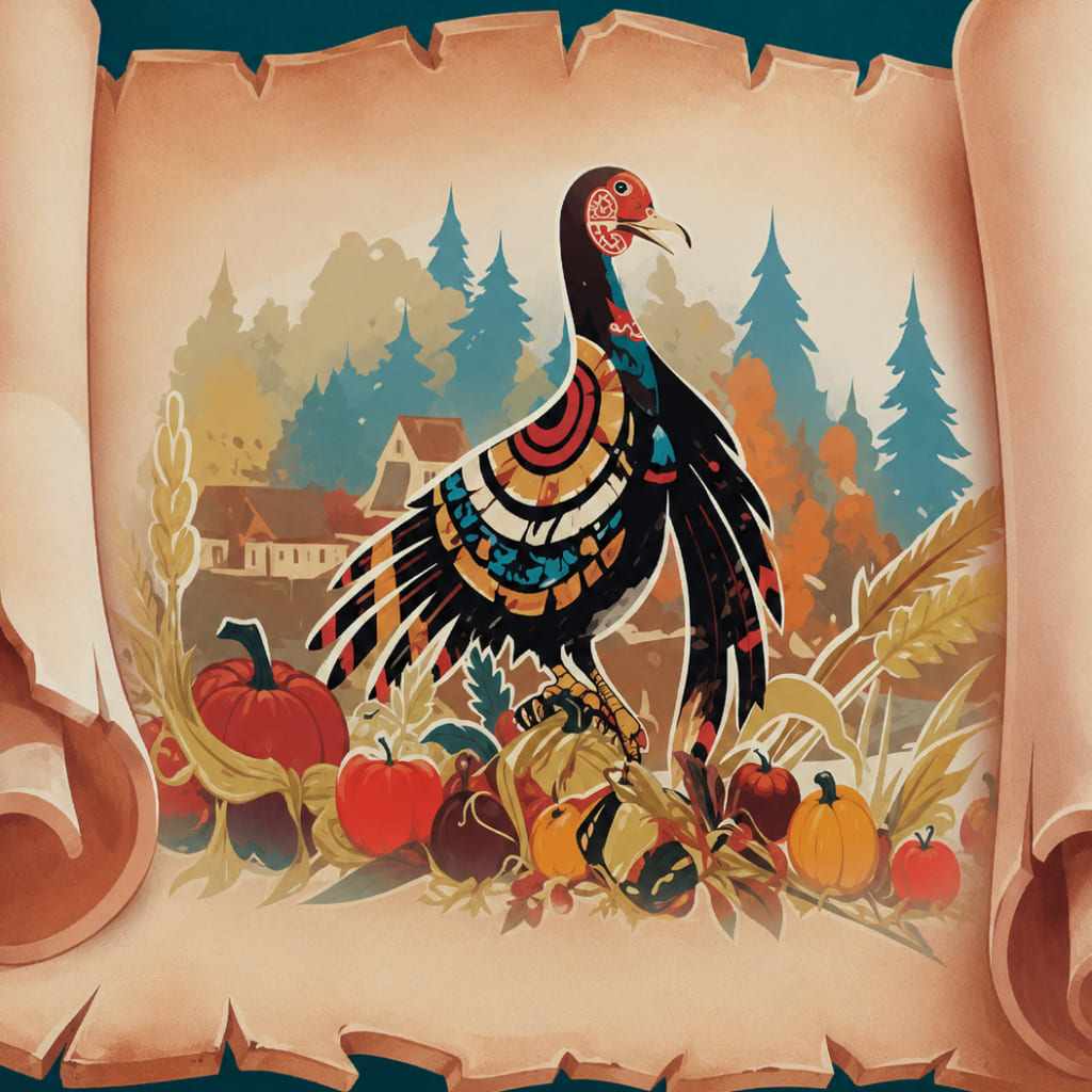 Pergament-Puzzle mit dekorativem Vogel zwischen Kürbissen, Weizen, Herbstblättern, Bäumen und Häusern