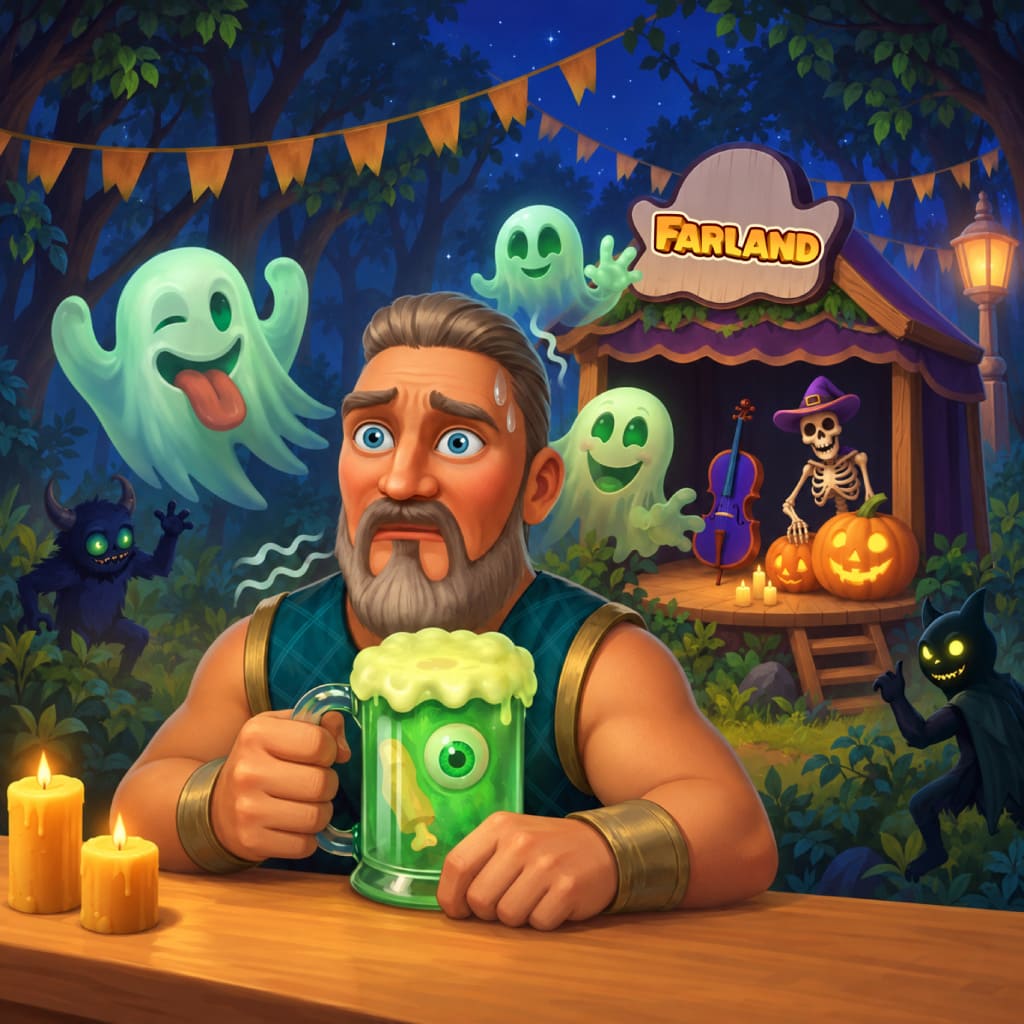 Halloween Tales Puzzle mit einer bärtigen Person und grünem Krug mit schwebendem Auge, umgeben von Geistern und Schattenwesen, mit Kerzen, Wimpeln, Tavernendekoration, violetter Geige, Skelett, Kürbislaternen und Farland Schild.