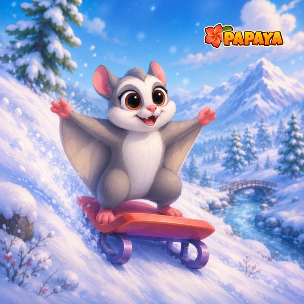 Winter‑Puzzle mit Chinchilla auf Schlitten zwischen Schneebergen, Bäumen und Fluss