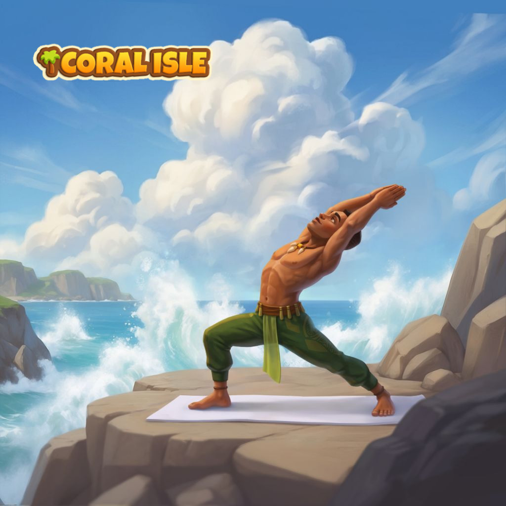 Puzzle Good Morning con una persona adulta in una profonda posizione yoga su un tappetino bianco sulla scogliera, con pantaloni verdi, grandi nuvole, spruzzi, isole e logo Coral Isle.