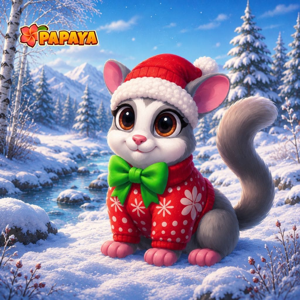 Winter‑Puzzle mit Chinchilla in roter Mütze, Fliege und Pullover neben verschneitem Bach