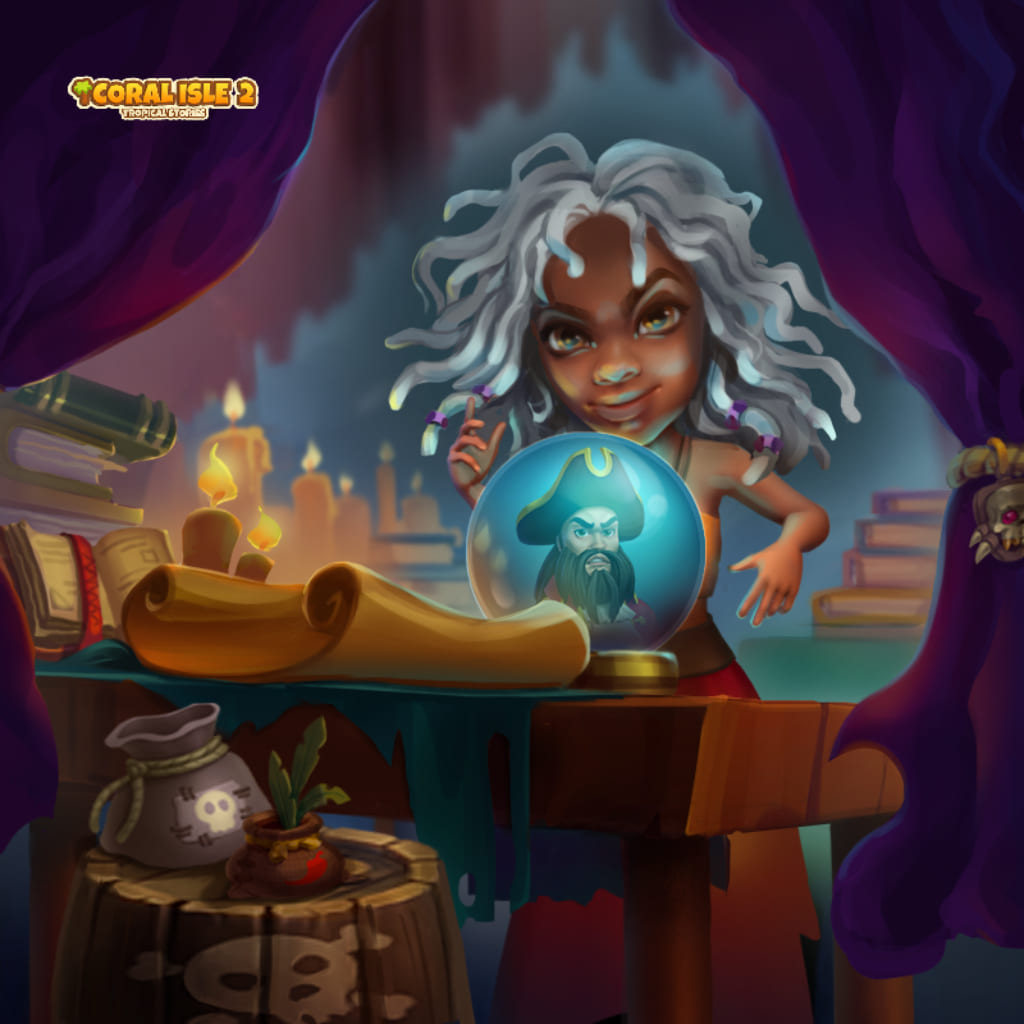 Puzzle Trick or Treat przedstawiające wróżka z białymi włosami wskazuje niebieską kulę z brodatą postacią w kapeluszu, otoczoną fioletowymi zasłonami, świecami, książkami, pergaminem, woreczkiem z czaszką, rośliną, chili i logo Coral Isle 2: Tropical Stories.