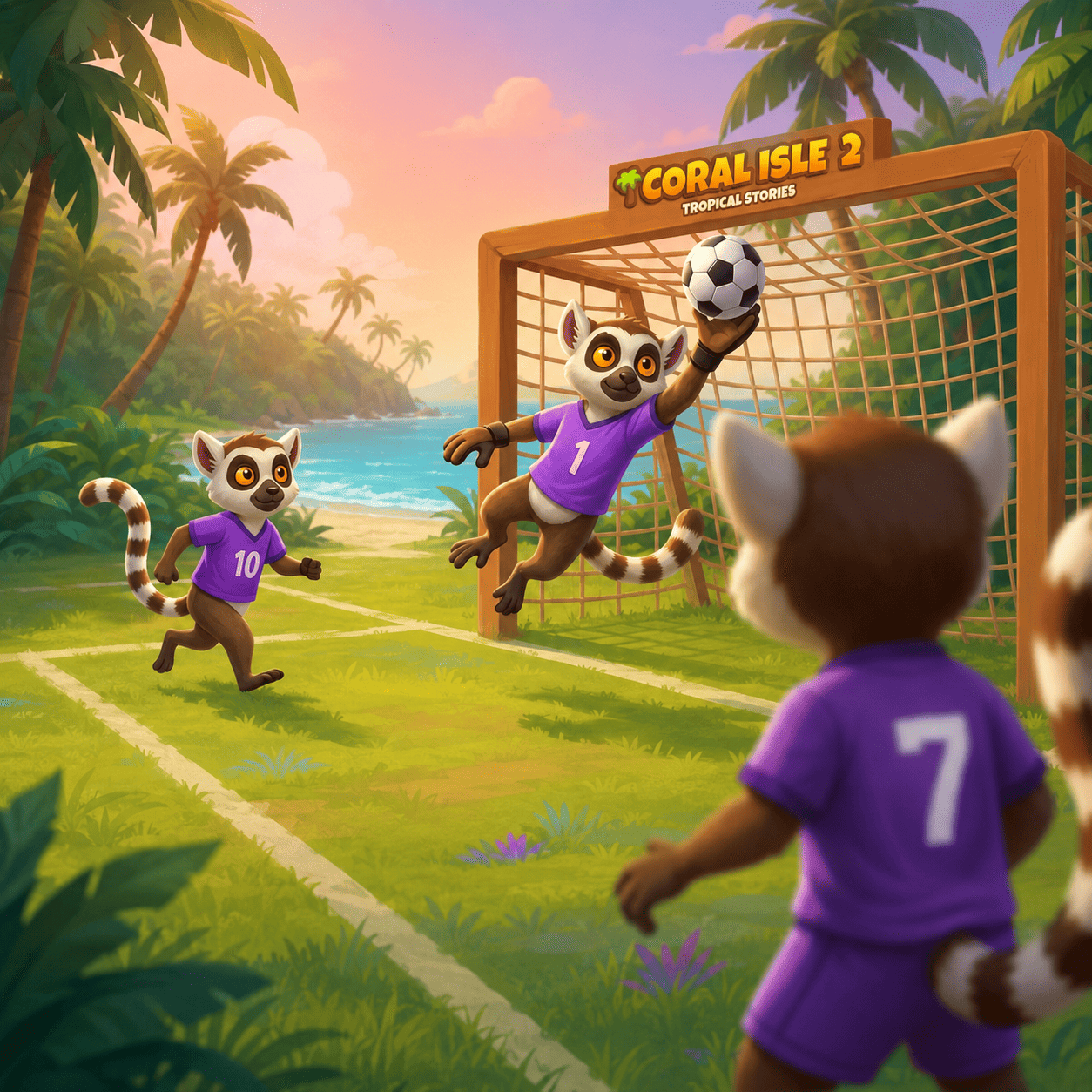 Puzzle Life is Good con lemuri in divise da calcio viola vicino a una porta sulla spiaggia al tramonto, con un portiere che raggiunge il pallone, palme, mare e il logo Coral Isle 2: Tropical Stories sulla porta.