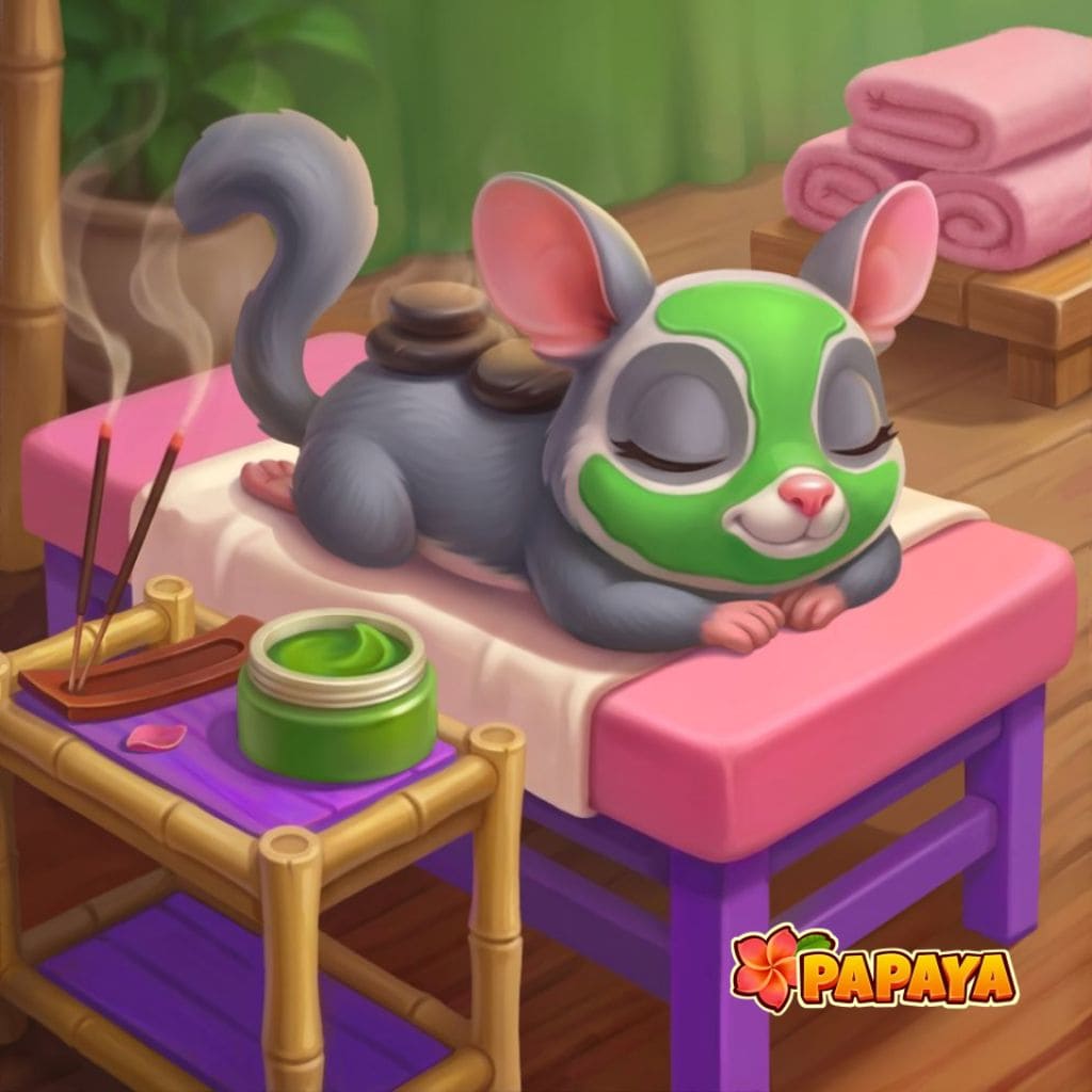 Spa‑Puzzle mit Chinchilla auf Massagetisch mit Gesichtsmaske, Steinen und Handtüchern
