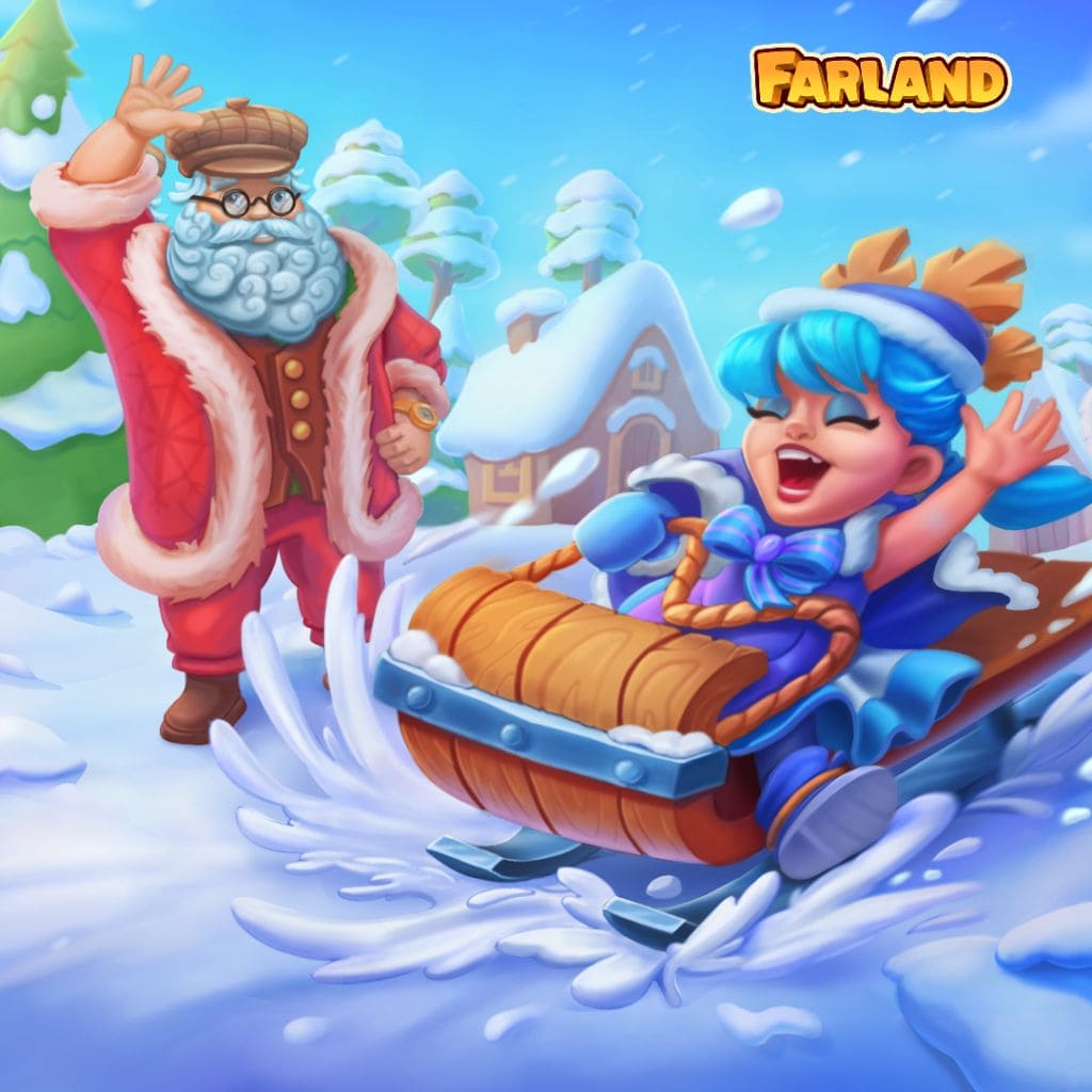 Winter‑Puzzle mit einem Kind auf einem Holzschlitten beim Herunterfahren durch verschneite Bäume