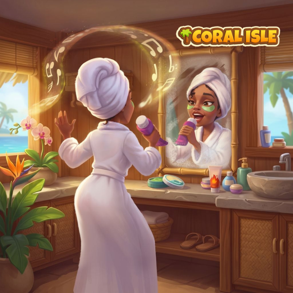 Puzzle Good Morning con una persona adulta in accappatoio bianco e asciugamano che canta in un flacone viola davanti allo specchio appannato, con patch, cosmetici, lavabo, piante, mare, note e logo Coral Isle.