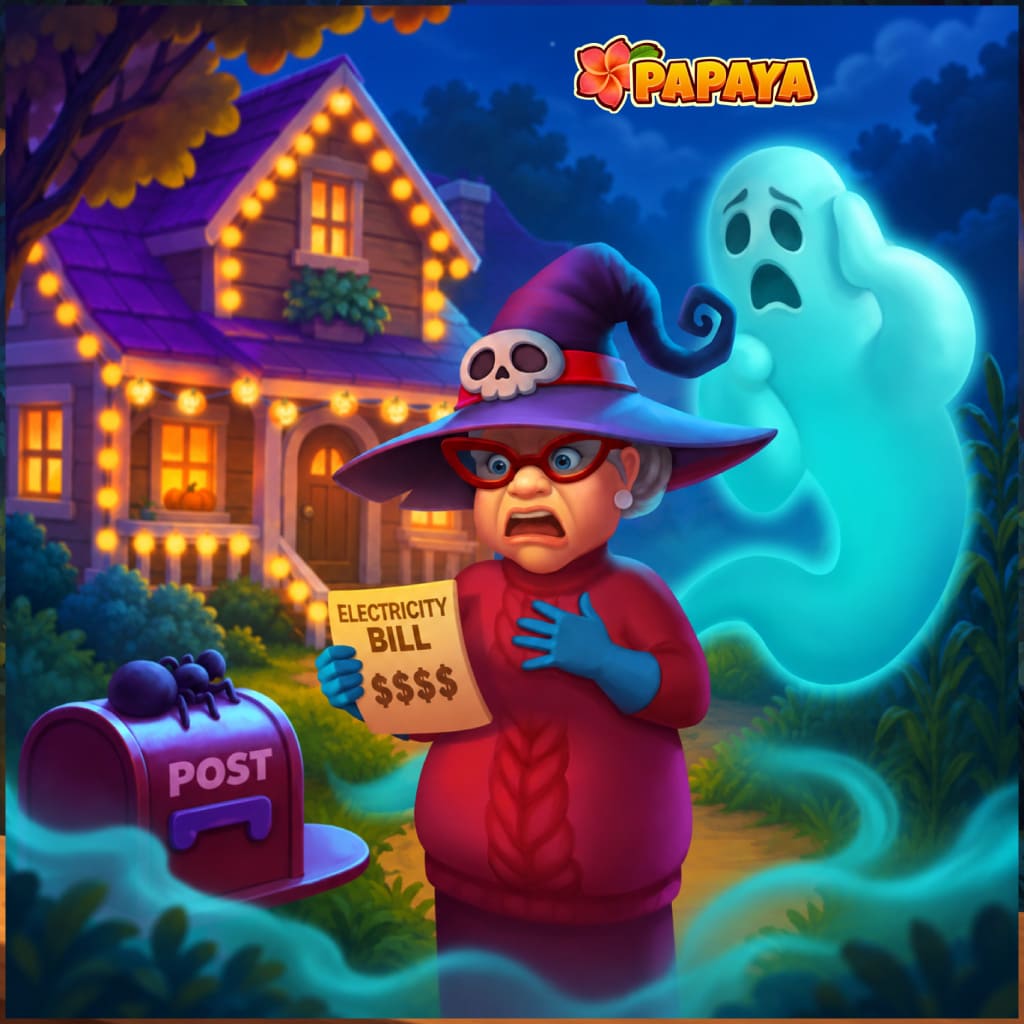 Halloween Tales Puzzle mit eine ältere Person im roten Pullover und Schädelhexenhut hält eine Electricity Bill neben einem violetten Postkasten, während ein türkiser Geist erscheint, mit hellem Haus, Kürbislichtern, Spinne, blauen Handschuhen, Nachtgarten und Papaya Logo.