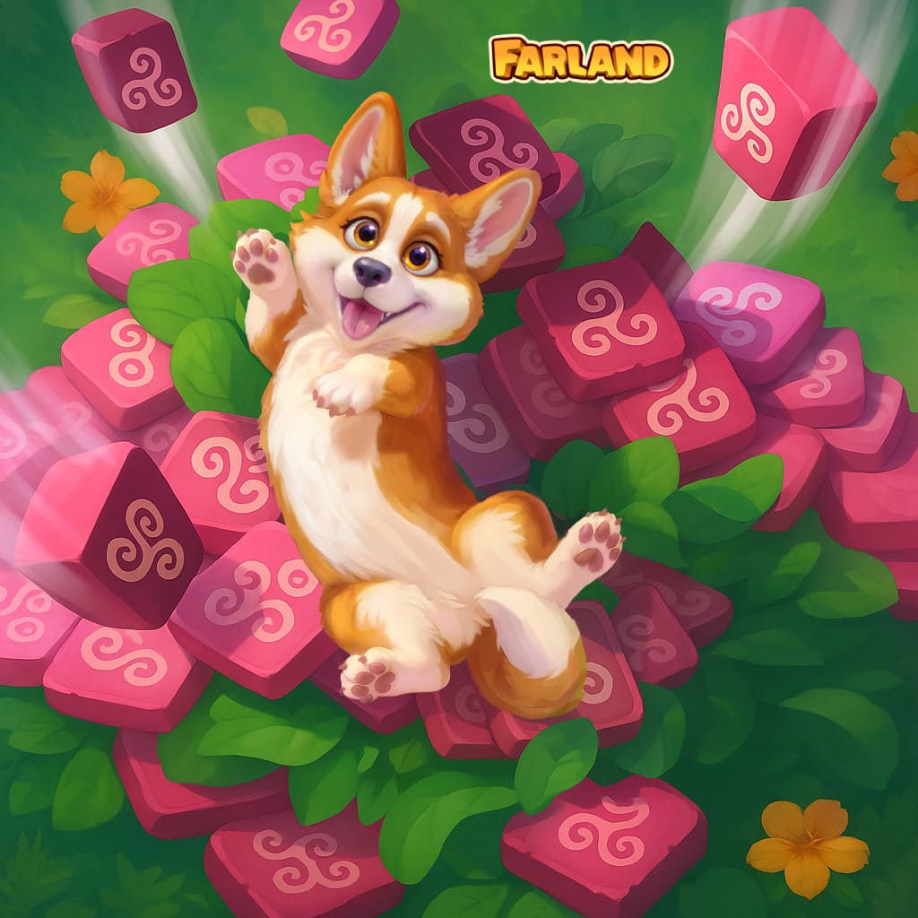 Entzückendes Corgi-Welpenbaby aus Farland, das fröhlich zwischen leuchtenden rosa Magie-Kacheln hüpft, umgeben von grünen Blättern, und eine heitere, verspielte Fantasy-Game-Atmosphäre erschafft