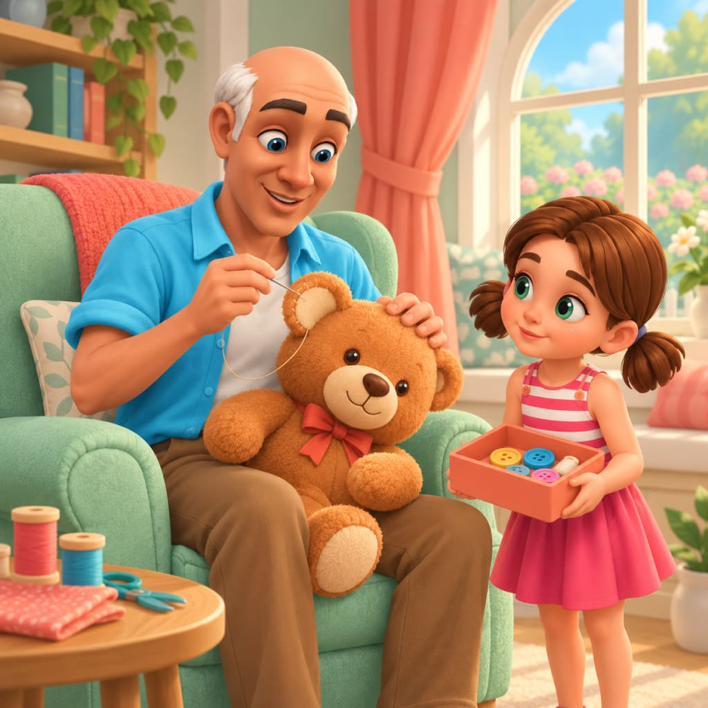 Toy Tales Puzzle mit eine ältere Person näht das Ohr eines braunen Teddys mit roter Schleife, während ein Kind bunte Knöpfe hält, mit Garnrollen, Schere, Stoff, grünem Sessel, Büchern, Pflanzen, korallfarbenen Vorhängen und Sonnenfenster.