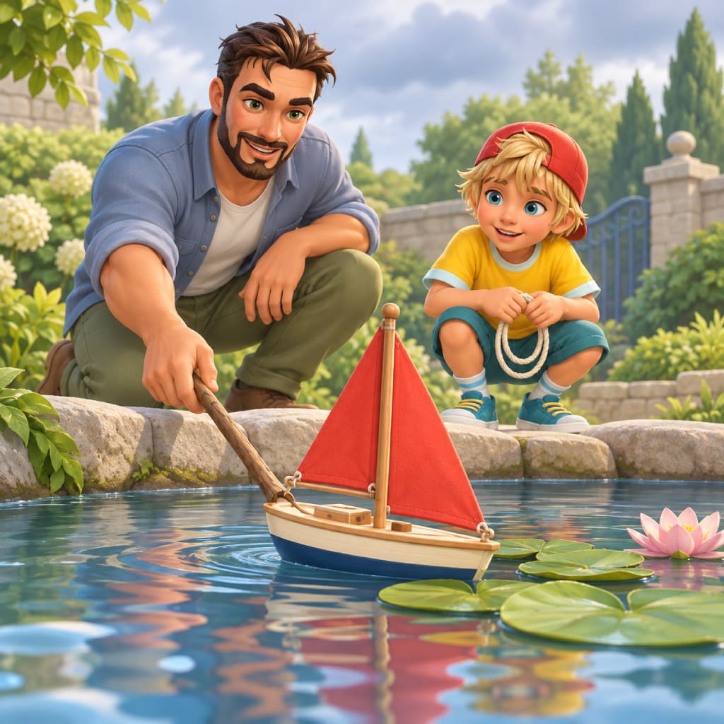 Toy Tales Puzzle mit eine Person führt ein Modellsegelboot mit rotem Dreieckssegel über den Teich, während ein Kind ein Seil hält, mit blauem Rumpf, Holzdetails, Seerosen, rosa Lotus, Steinkante, Sträuchern, Tor, Bäumen und Wolken.