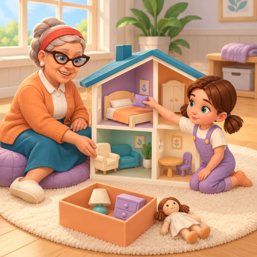 Toy Tales Puzzle mit eine ältere Person und ein Kind richten ein zweistöckiges Puppenhaus mit blauem Dach, violettem Schlafzimmer, türkisem Sofa, cremefarbenem Sessel, Tisch, Pflanze, Bildern, Lampe, Kiste und Stoffpuppe auf weißem Teppich ein.