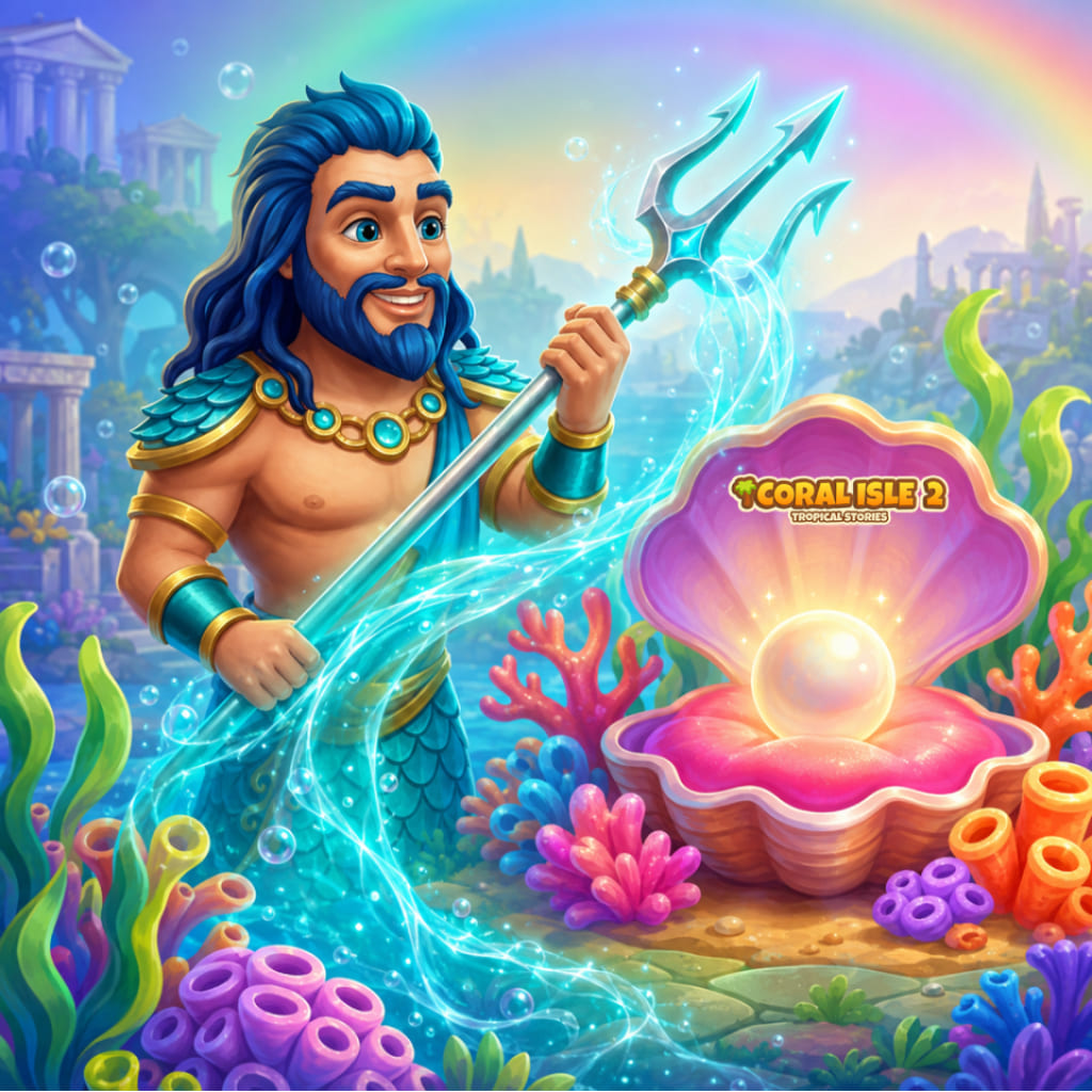 Puzzle de tesoro submarino con figura ilustrada de cabello azul con tridente, concha con perla, corales y logo Coral Isle 2